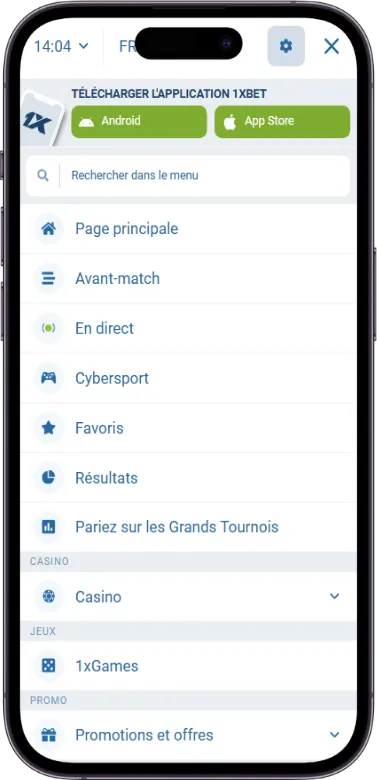 Menu sur 1xBet